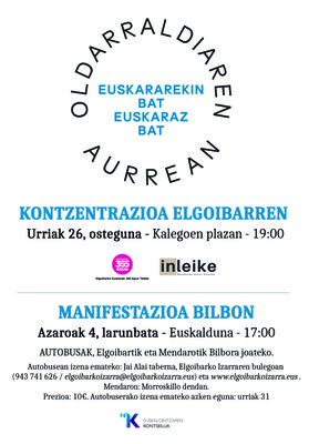 Urriaren 26an Kalegoen plazan bilduko gara; azaroaren 4an Bilbon! 